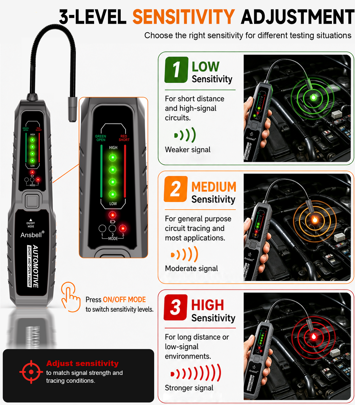 Automotive wire tracer with three sensitivity modes: low, medium, and high