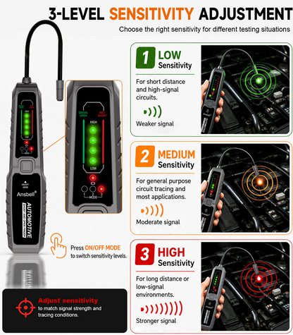 Automotive wire tracer with three sensitivity modes: low, medium, and high
